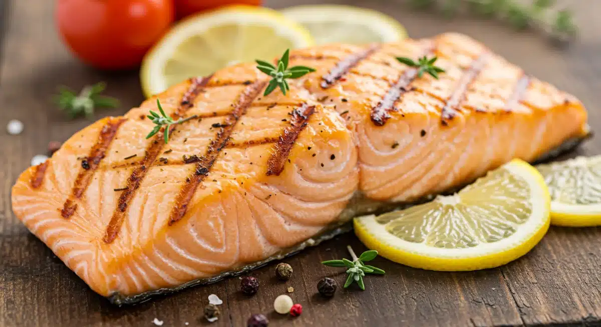 Close-up of grilled salmon, a rich source of vitamin D.