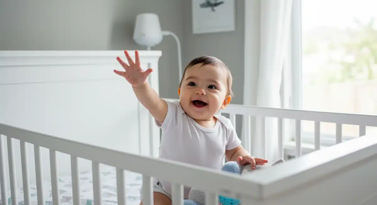 Happy baby waking up refreshed in morning light.