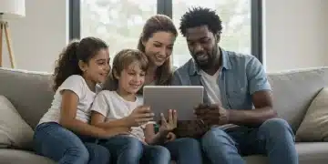 Happy family on sofa benefiting from child tax credit