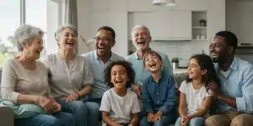 Happy multi-generational family enjoying a brightly lit living room together