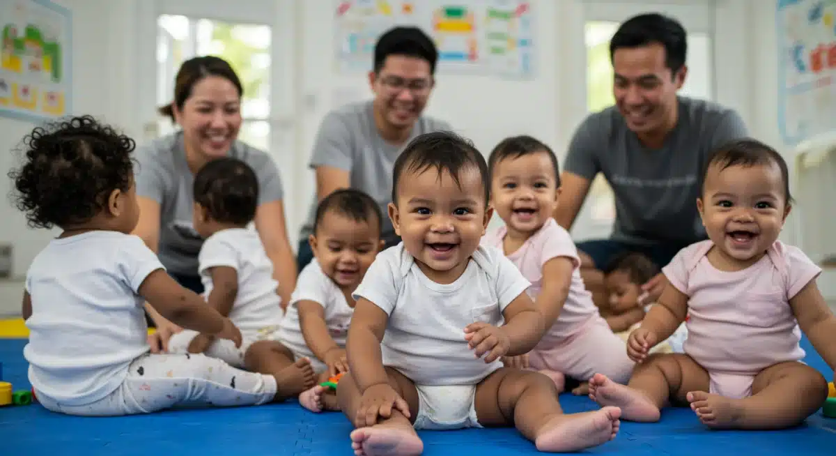 Diverse group of healthy babies playing, symbolizing community immunity and vaccine protection.