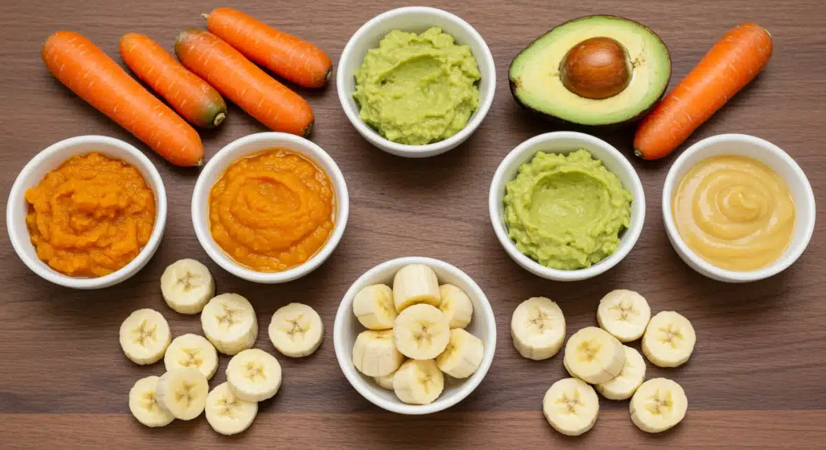Assortment of colorful and healthy baby food options on a wooden table