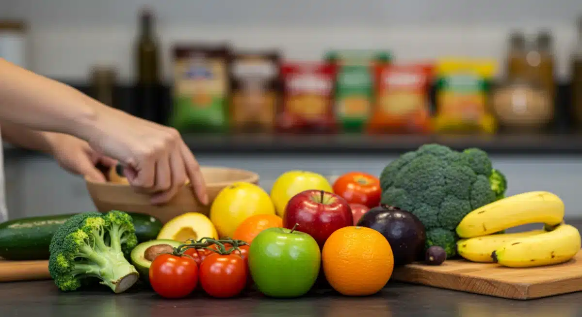 Healthy food choices on a kitchen counter for family meal preparation