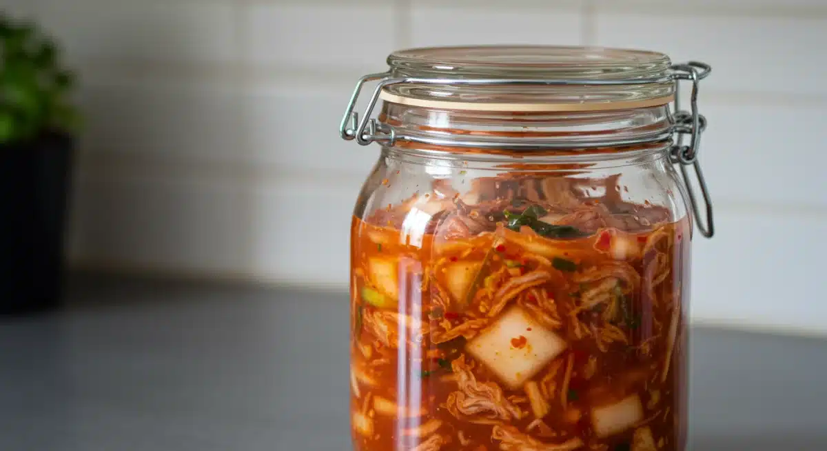 Homemade kimchi fermenting in a glass jar