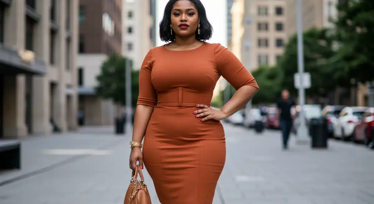 Woman with hourglass figure wearing a tailored dress in an urban setting.