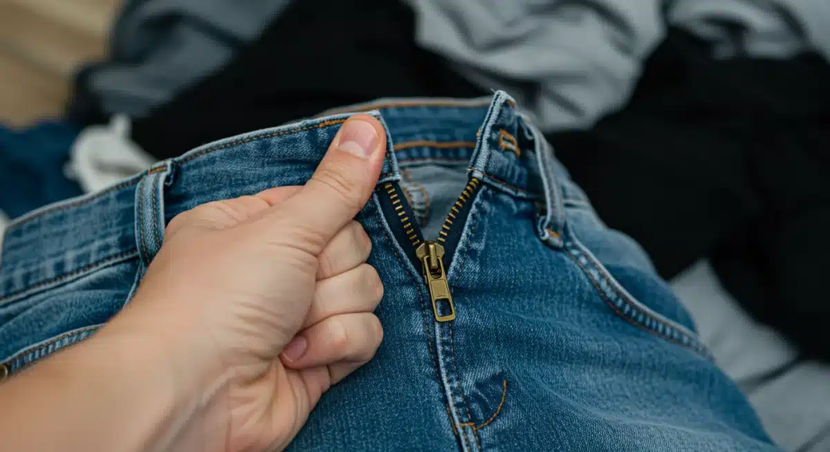 Hand struggling to zip up ill-fitting jeans, illustrating poor clothing fit