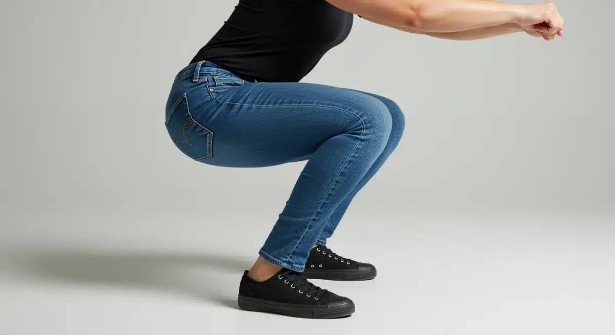 Person squatting in well-fitting jeans, demonstrating comfort and flexibility