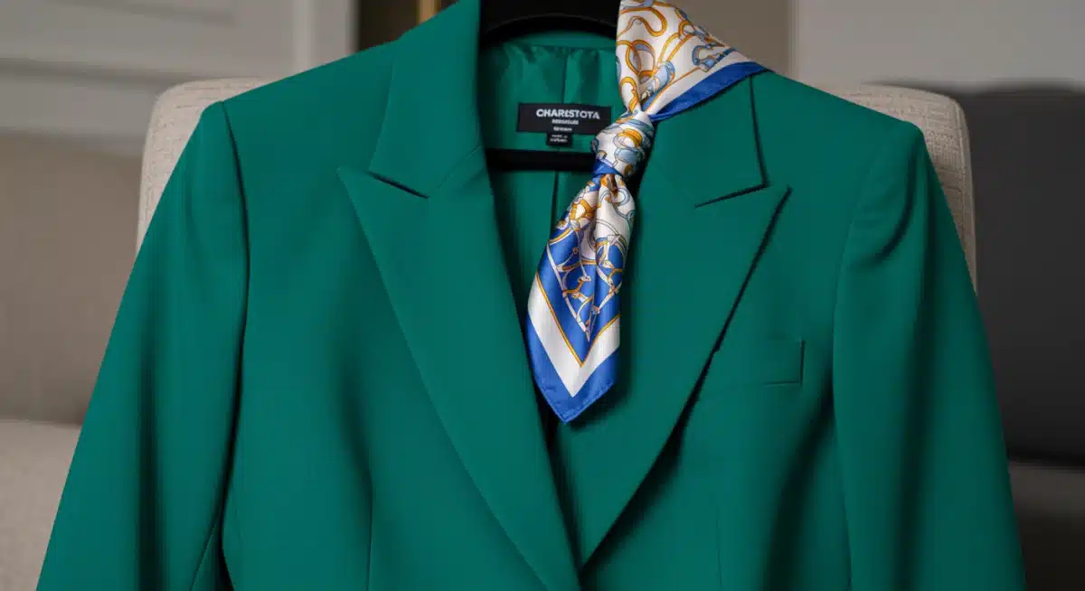 Vibrant jewel-toned blazer with a silk scarf accessory, showcasing detailed tailoring