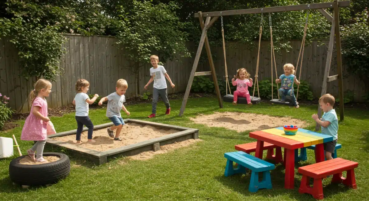 Kids playing in a budget-friendly backyard play zone with sandpit and swing