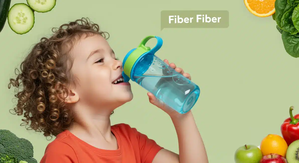 Child drinking water, emphasizing hydration for digestive health.