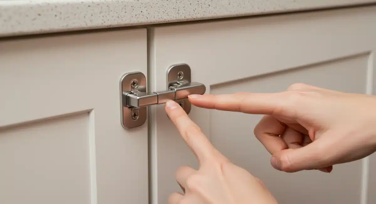 Child-proof latch on kitchen cabinet protecting dangerous items.