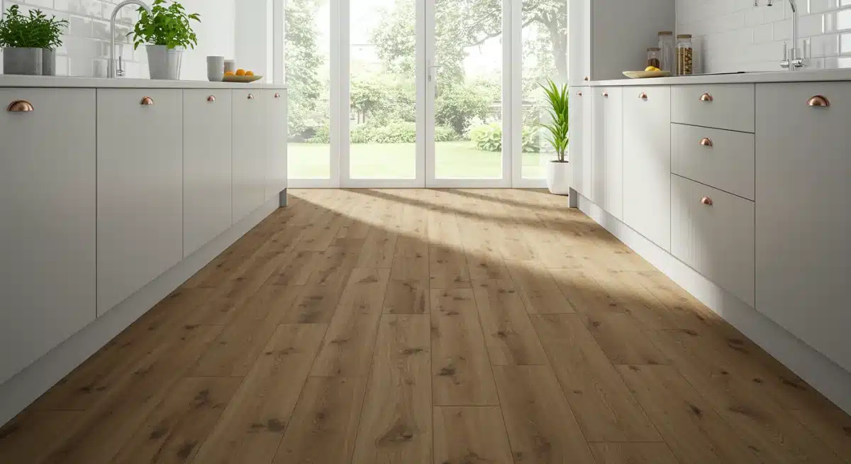 Contemporary kitchen with stylish laminate wood-look flooring