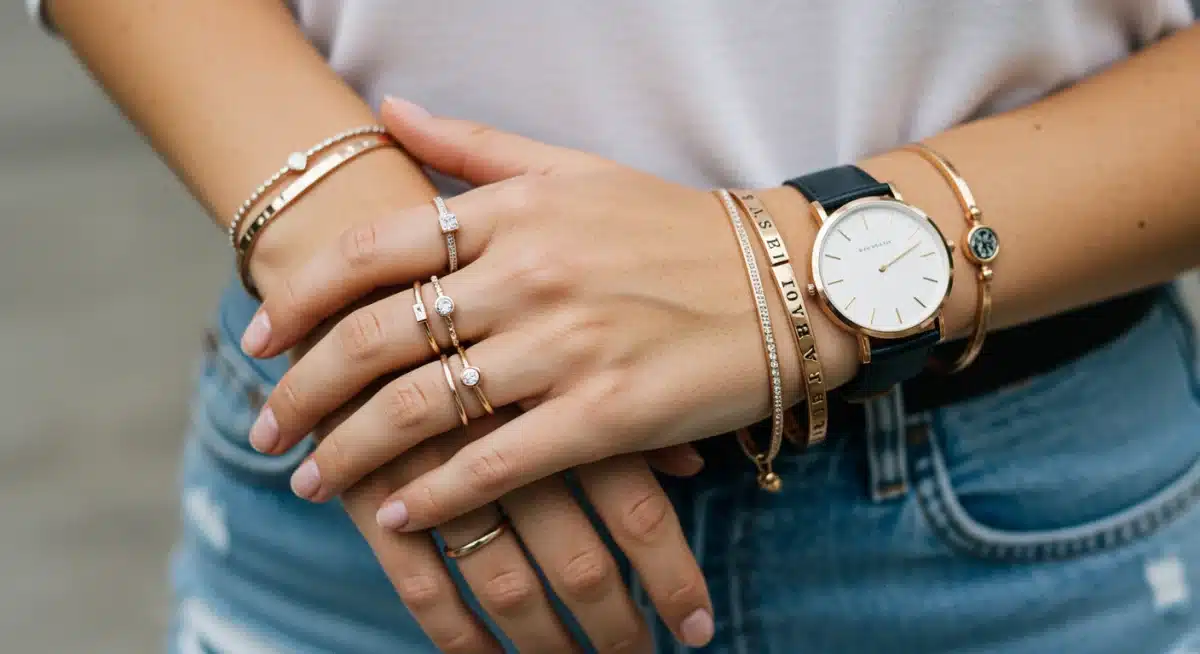 Layered jewelry on hands, showcasing diverse rings and bracelets