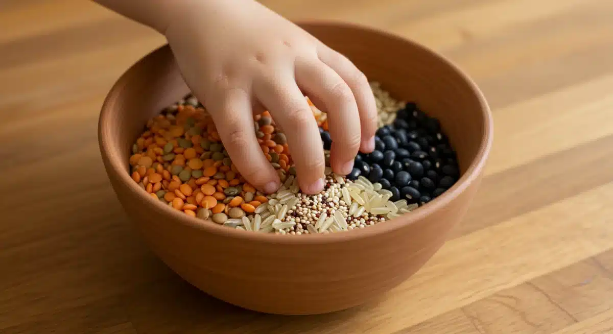 Child's hand reaching for a bowl of legumes and whole grains, symbolizing healthy food choices.
