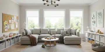 Modern family living room with child-safe furniture and integrated storage