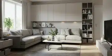 Modern living room with integrated wall storage and multi-functional furniture, optimizing a small space.