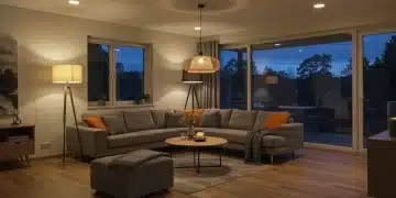 Modern living room illuminated with warm LED lighting, showcasing energy-efficient home lighting design