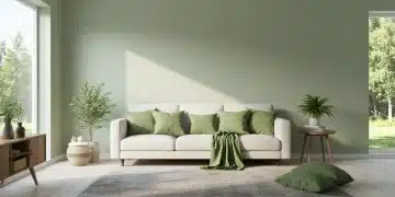 Modern living room with sage green walls and natural wood accents