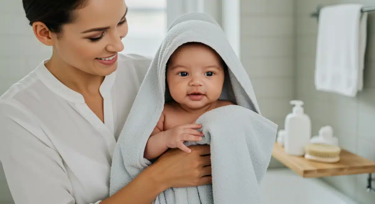 Parent gently wrapping freshly bathed newborn in a soft hooded towel.