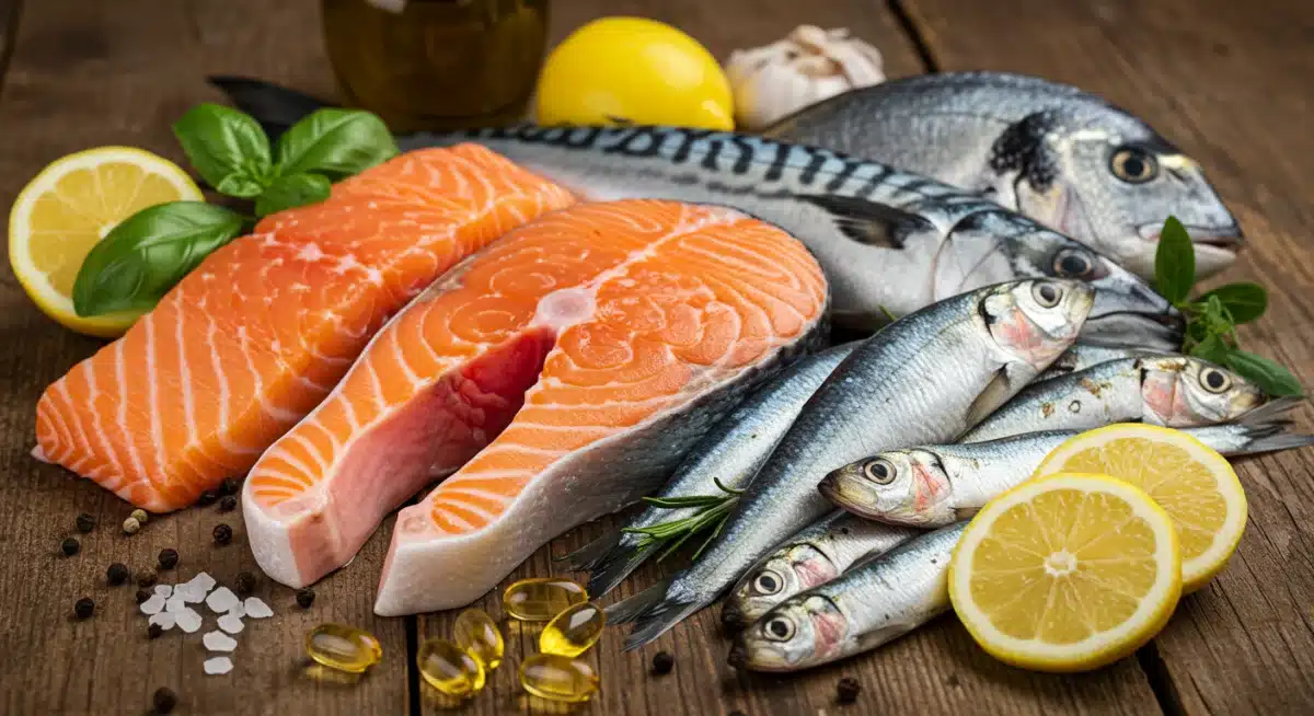 Assortment of omega-3 rich fish like salmon and mackerel