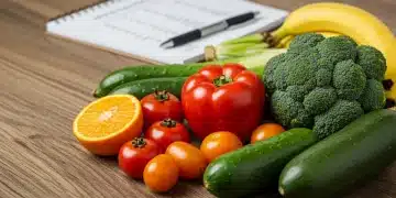 Colorful organic fruits and vegetables on a wooden table with a nutritionist's notes for 2025.