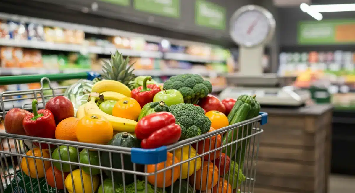Shopping cart with organic and conventional produce, representing consumer choice and cost comparison.