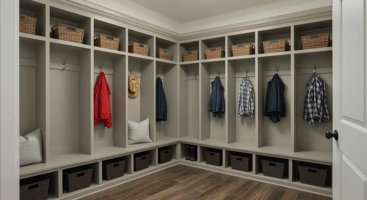 Organized family mudroom with custom cubbies and durable flooring