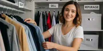 Organized closet with clothes for donation, sale, and repurposing