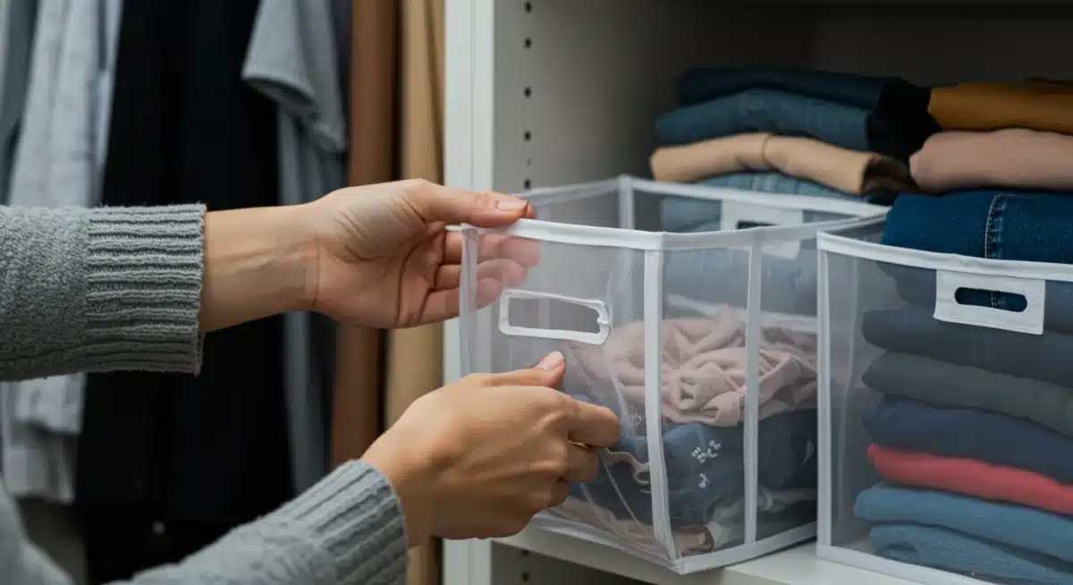Person organizing a closet, categorizing clothes for a well-curated wardrobe