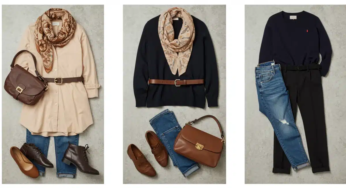 Flat lay showing three distinct outfits from five core pieces with accessories