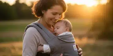 Parent smiling, baby in carrier, babywearing comfort and bond