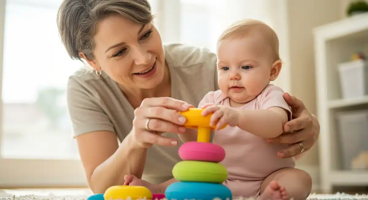 Parent and baby stacking rings, developing fine motor skills
