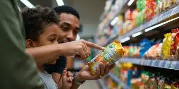 Parent and child reading food label for added sugars in grocery store aisle