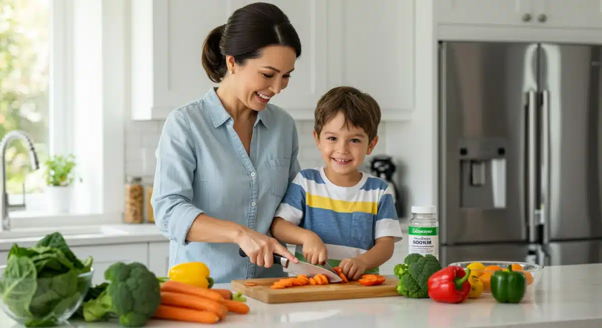 Parent and child preparing fresh, healthy meals together
