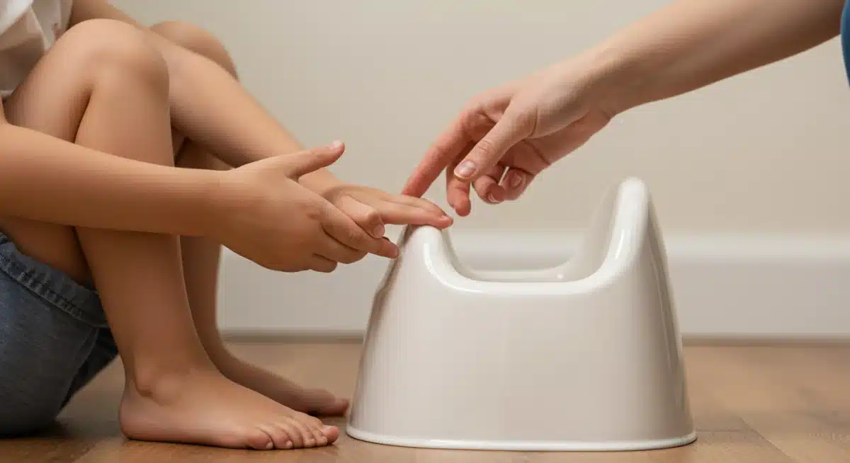 Parent guiding child during a potty training lesson