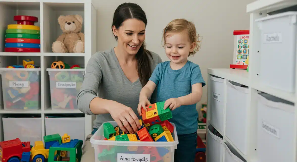 Parent and child organizing toys in a decluttered play area.