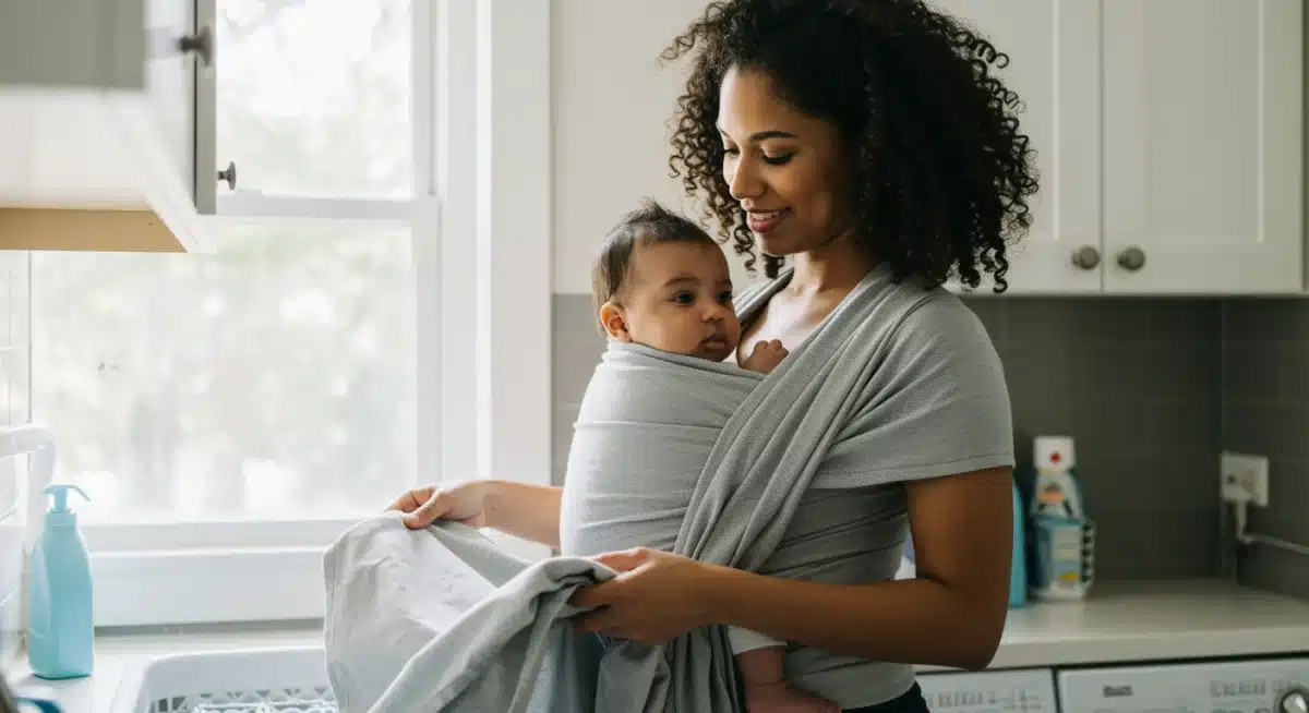 Parent doing chores with baby in wrap, hands-free parenting