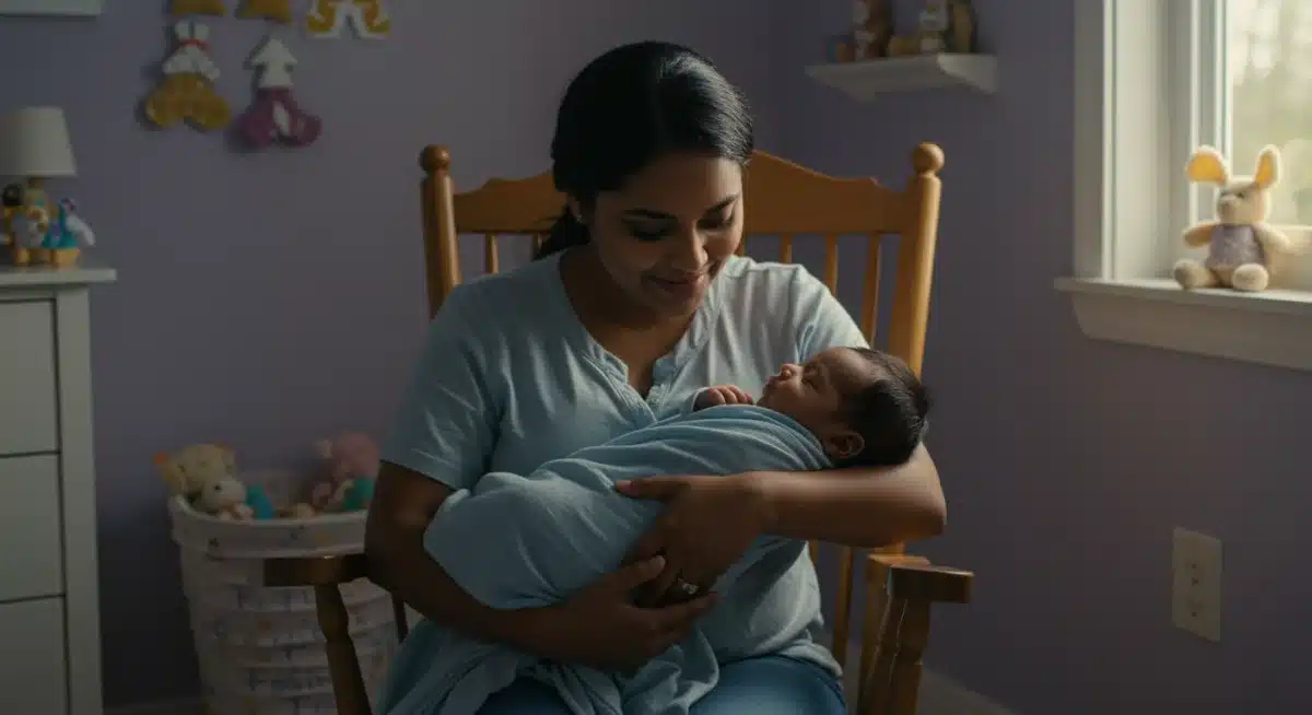 Parent rocking baby to sleep in a calm nursery.