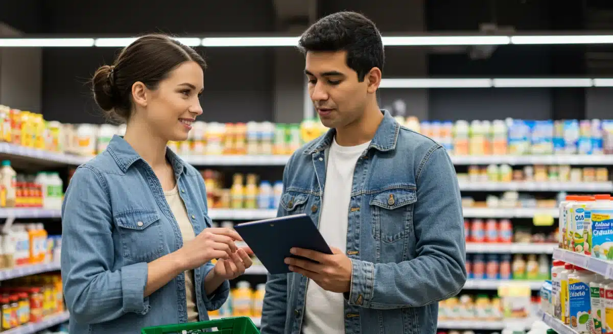 Parent and teenager discussing healthy food choices at a grocery store.