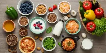 Assortment of colorful probiotic-rich foods for gut health