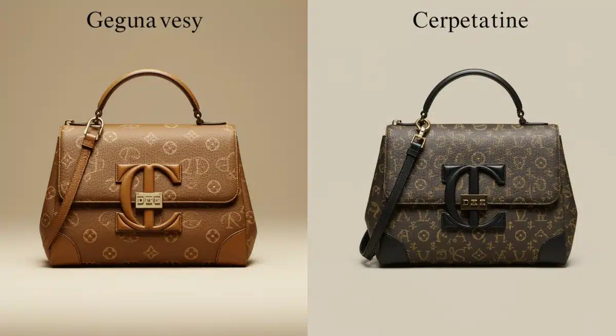 Side-by-side comparison of real versus fake designer item, showing material and logo differences.