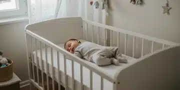 Baby sleeping safely on back in an uncluttered crib, promoting SIDS prevention