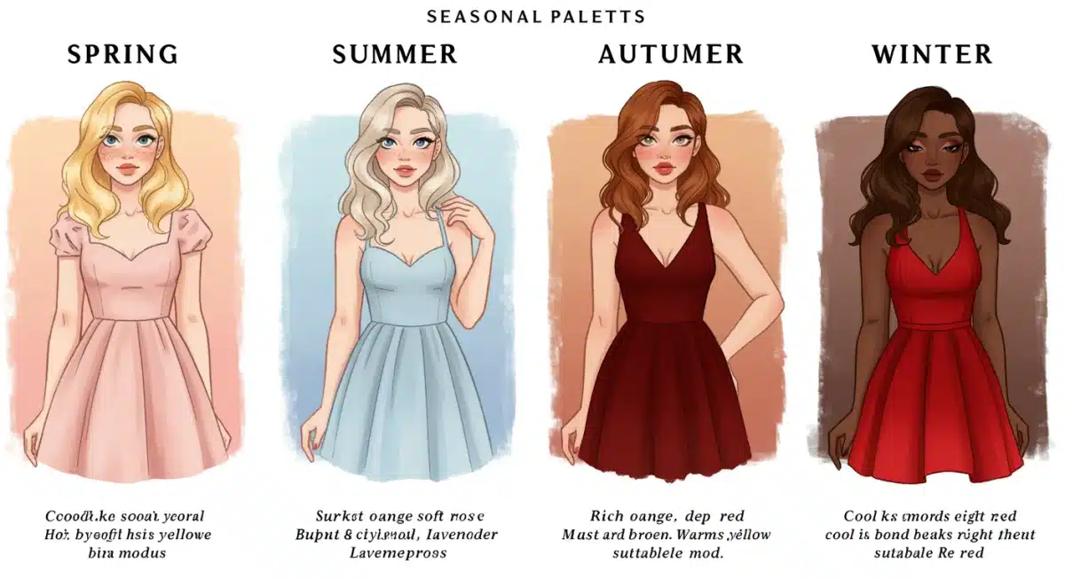 Seasonal color palettes with clothing, makeup, and hair examples