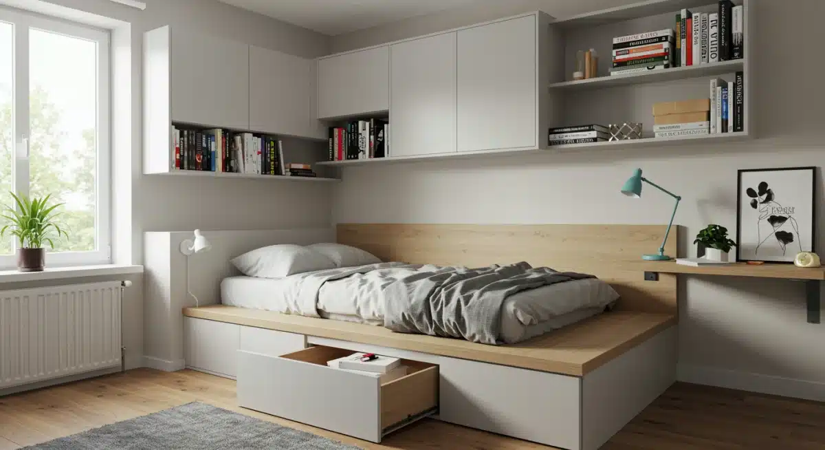 Small bedroom with platform bed storage, wall-mounted desk, and floating bookshelves for vertical organization.