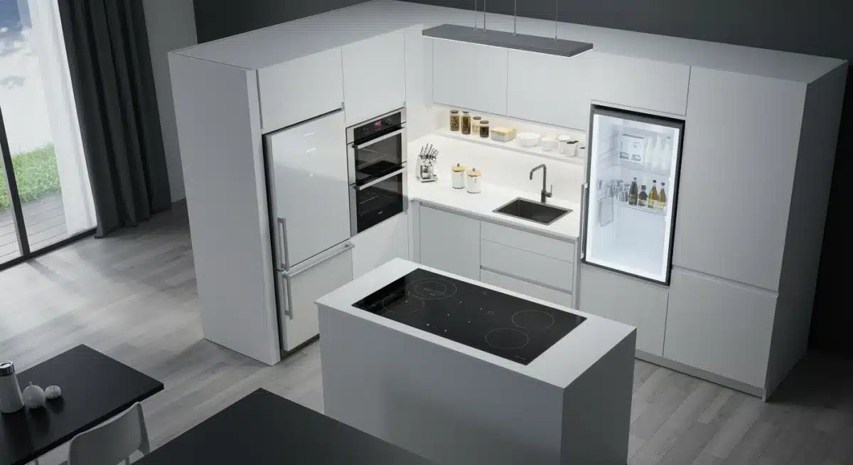 Modern smart kitchen with integrated appliances and automated lighting