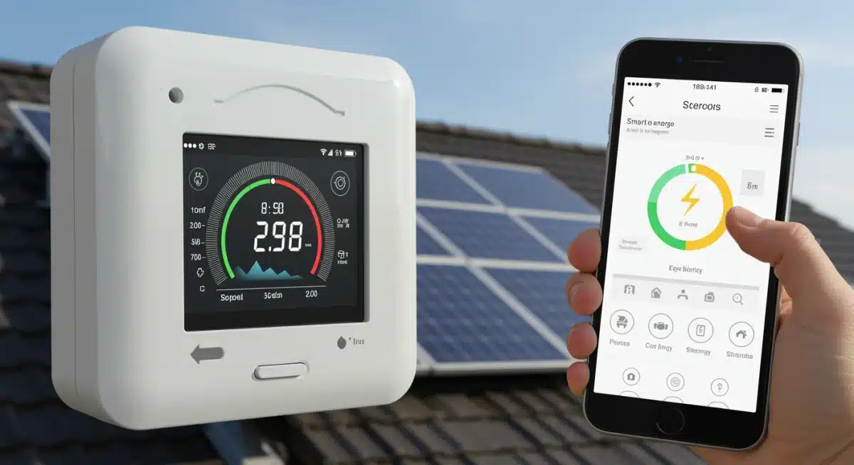 Smart thermostat displaying energy data with a smartphone control app.