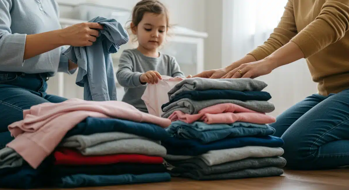 Parent and child sorting clothes for a minimalist wardrobe