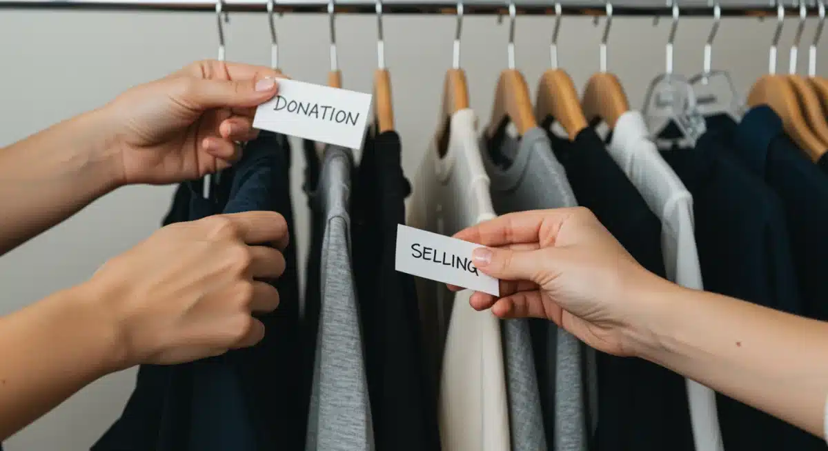 Hands sorting clothes for donation or selling