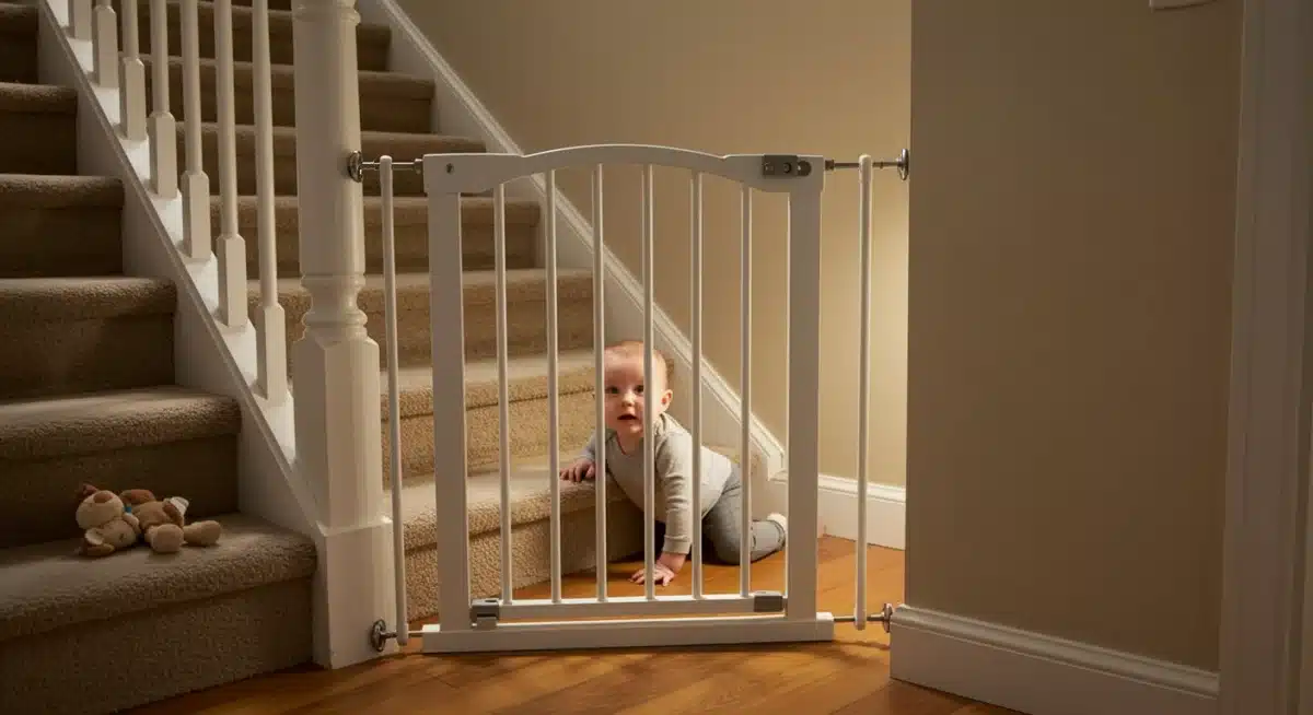 Safety gate at top of stairs for baby protection.