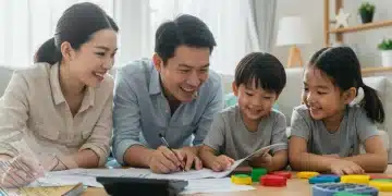 Happy family with stay-at-home parent reviewing tax documents